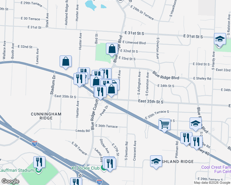 map of restaurants, bars, coffee shops, grocery stores, and more near 9300 East 35th Street South in Independence