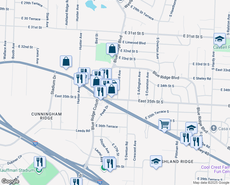map of restaurants, bars, coffee shops, grocery stores, and more near 9300 East 35th Street South in Independence