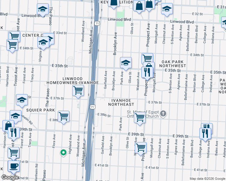 map of restaurants, bars, coffee shops, grocery stores, and more near 3634 Brooklyn Avenue in Kansas City