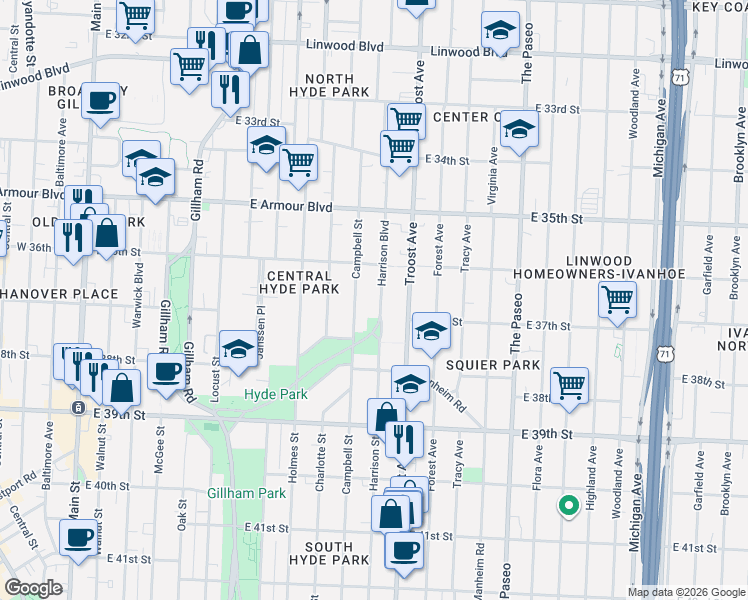 map of restaurants, bars, coffee shops, grocery stores, and more near 3640 Harrison Boulevard in Kansas City
