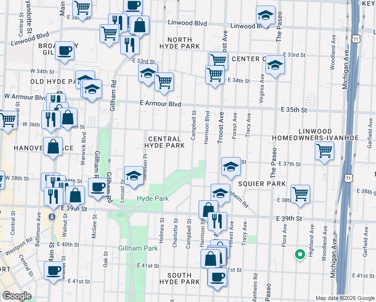 map of restaurants, bars, coffee shops, grocery stores, and more near 3639 Charlotte Street in Kansas City