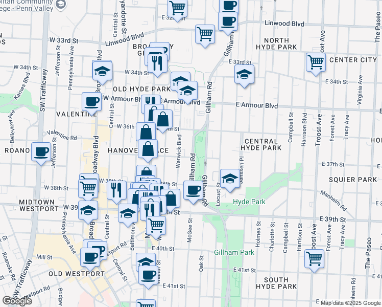 map of restaurants, bars, coffee shops, grocery stores, and more near 3700 Gillham Road in Kansas City