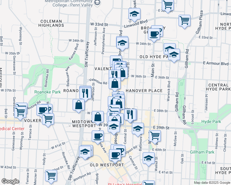 map of restaurants, bars, coffee shops, grocery stores, and more near 3736 Broadway Boulevard in Kansas City