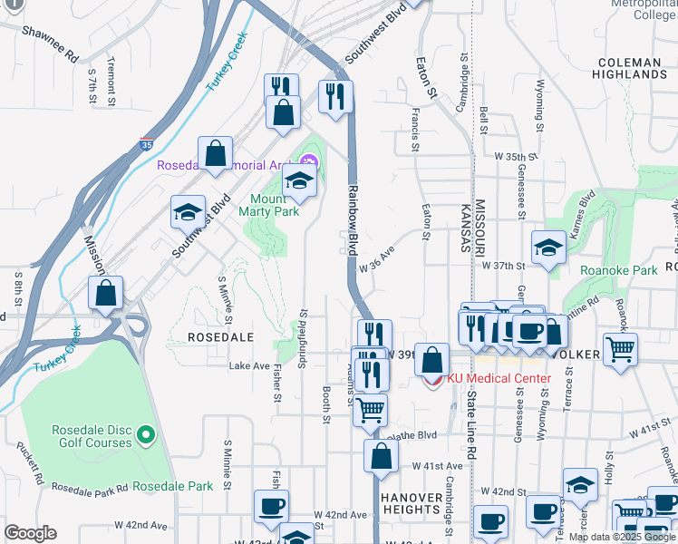 map of restaurants, bars, coffee shops, grocery stores, and more near 3600 Rainbow Boulevard in Kansas City