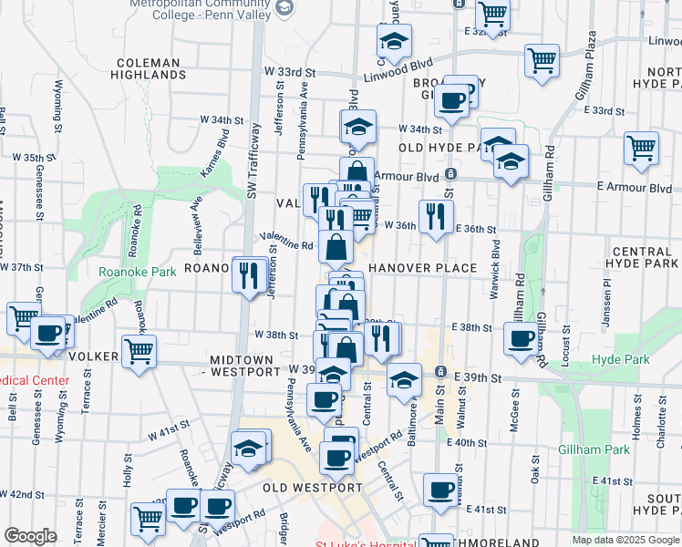 map of restaurants, bars, coffee shops, grocery stores, and more near 3724 Broadway in Kansas City