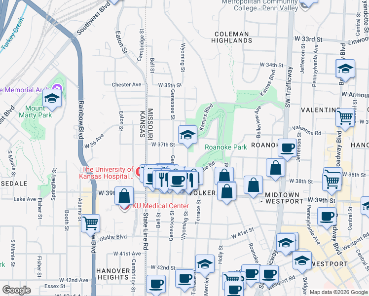 map of restaurants, bars, coffee shops, grocery stores, and more near 3700 Wyoming Street in Kansas City