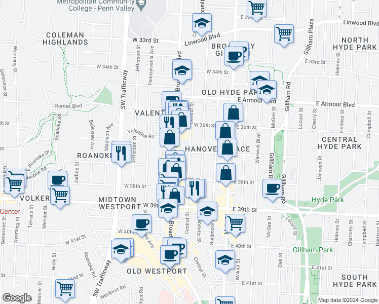 map of restaurants, bars, coffee shops, grocery stores, and more near Central St & W 37th St in Kansas City