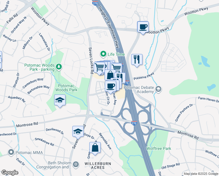map of restaurants, bars, coffee shops, grocery stores, and more near 12500 Park Potomac Avenue in Potomac