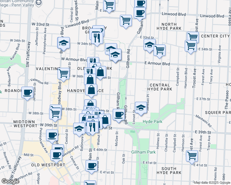 map of restaurants, bars, coffee shops, grocery stores, and more near 3630 Gillham Road in Kansas City