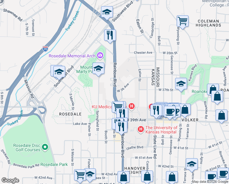 map of restaurants, bars, coffee shops, grocery stores, and more near 3635-3699 Rainbow Boulevard in Kansas City