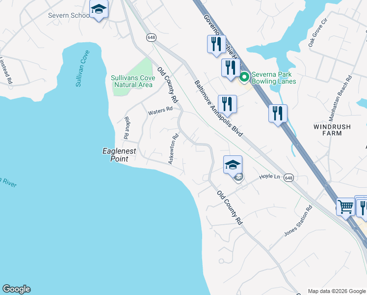 map of restaurants, bars, coffee shops, grocery stores, and more near 596 Old County Road in Severna Park