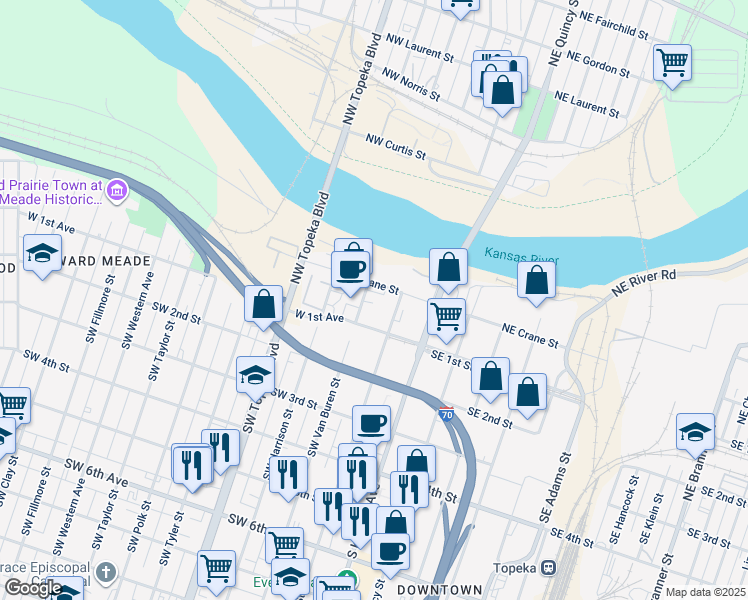 map of restaurants, bars, coffee shops, grocery stores, and more near 132 Northwest Van Buren Street in Topeka