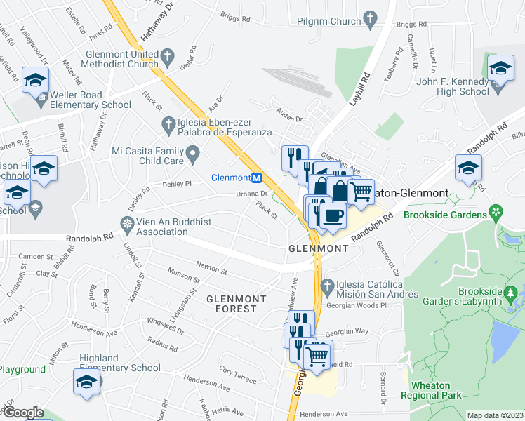 map of restaurants, bars, coffee shops, grocery stores, and more near 12414 Flack Street in Silver Spring
