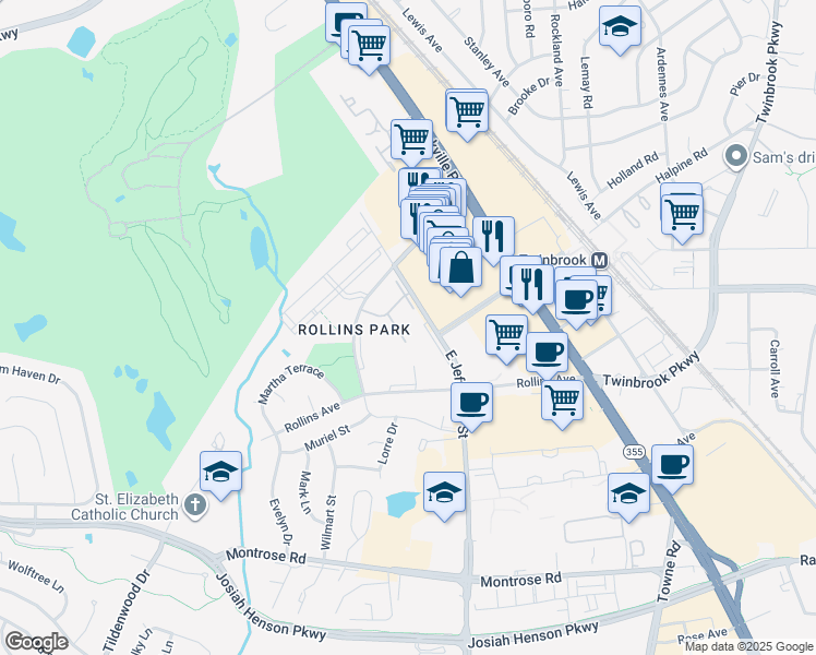 map of restaurants, bars, coffee shops, grocery stores, and more near 1625 East Jefferson Street in Rockville