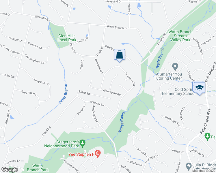 map of restaurants, bars, coffee shops, grocery stores, and more near 12504 Knightsbridge Court in Rockville
