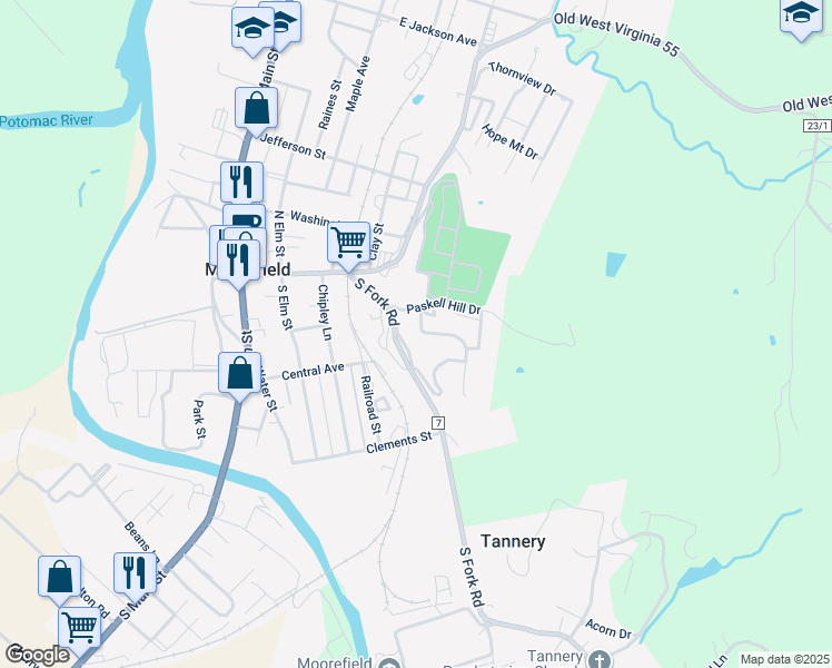 map of restaurants, bars, coffee shops, grocery stores, and more near 114 Paskell Hill Drive in Moorefield