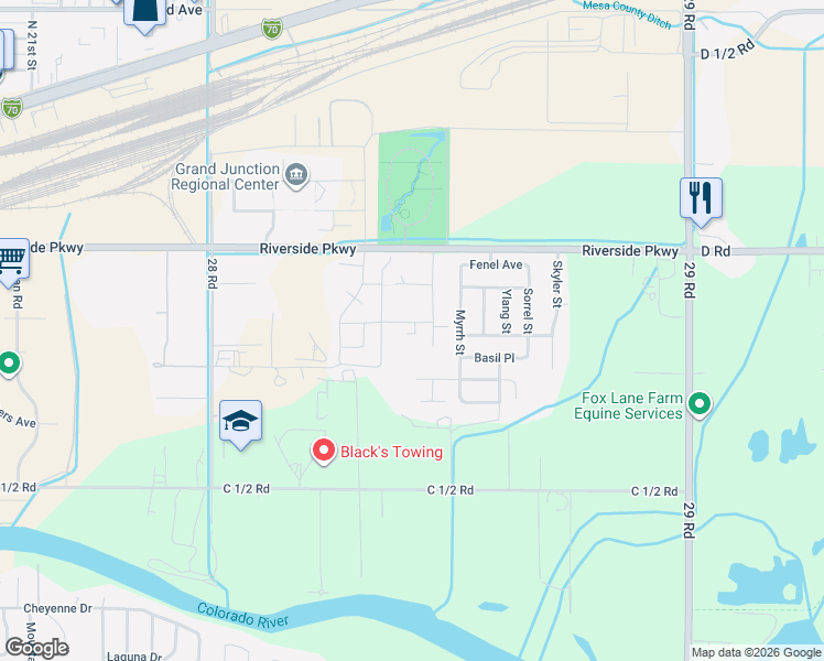 map of restaurants, bars, coffee shops, grocery stores, and more near 2843 South Forest Court in Grand Junction