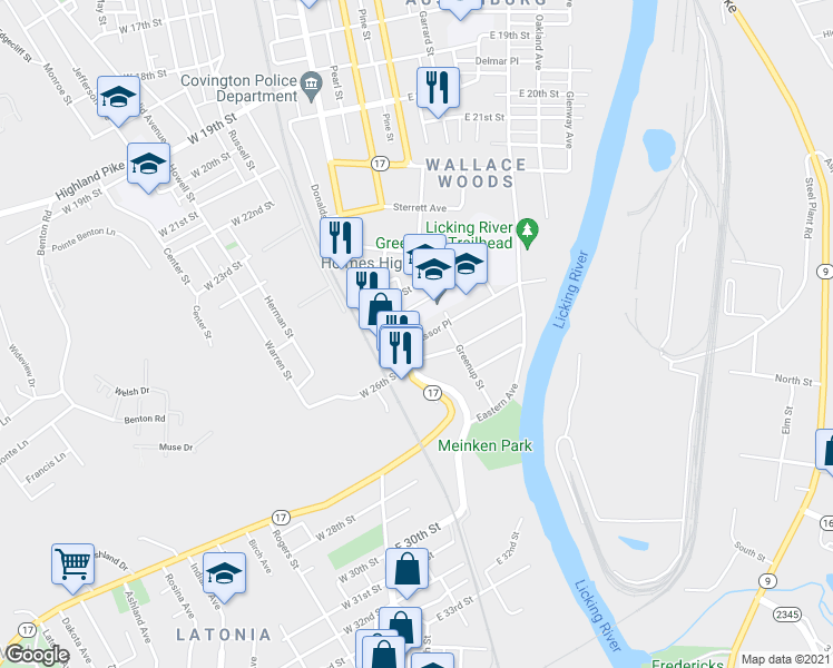 map of restaurants, bars, coffee shops, grocery stores, and more near 7 Levassor Place in Covington