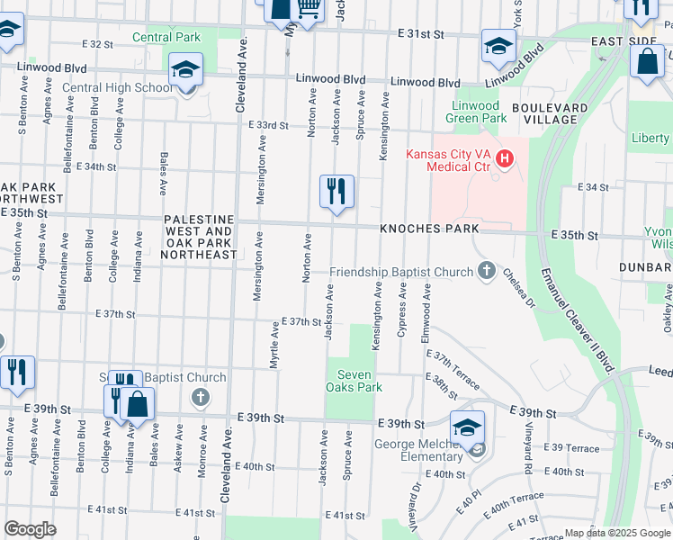 map of restaurants, bars, coffee shops, grocery stores, and more near 3601 Jackson Avenue in Kansas City