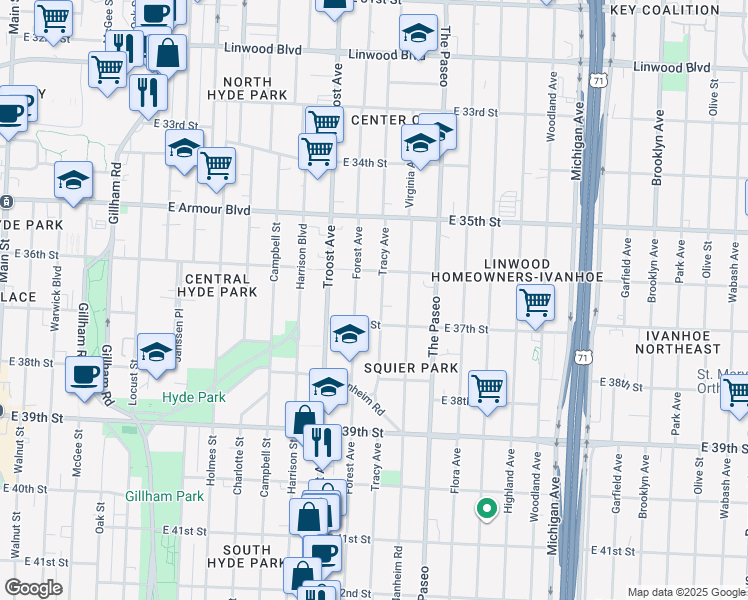 map of restaurants, bars, coffee shops, grocery stores, and more near 3639 Forest Avenue in Kansas City
