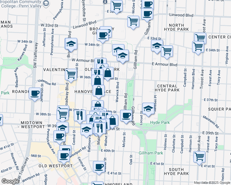 map of restaurants, bars, coffee shops, grocery stores, and more near 3702 East 37th Street in Kansas City
