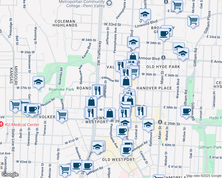 map of restaurants, bars, coffee shops, grocery stores, and more near 3632 Pennsylvania Avenue in Kansas City
