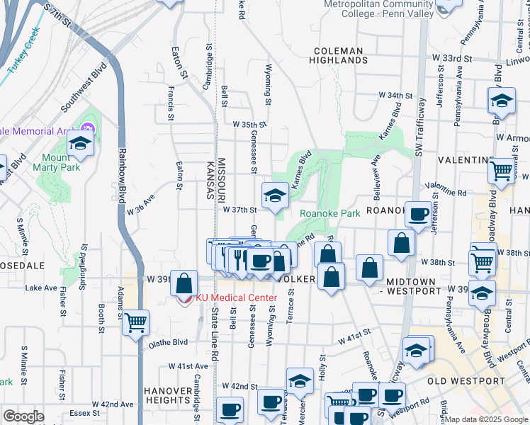 map of restaurants, bars, coffee shops, grocery stores, and more near 3711 Genessee Street in Kansas City