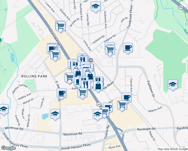 map of restaurants, bars, coffee shops, grocery stores, and more near Chapman Avenue in Rockville