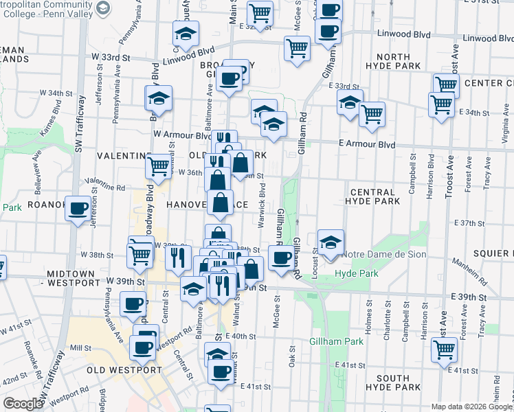 map of restaurants, bars, coffee shops, grocery stores, and more near 3636 Warwick Boulevard in Kansas City