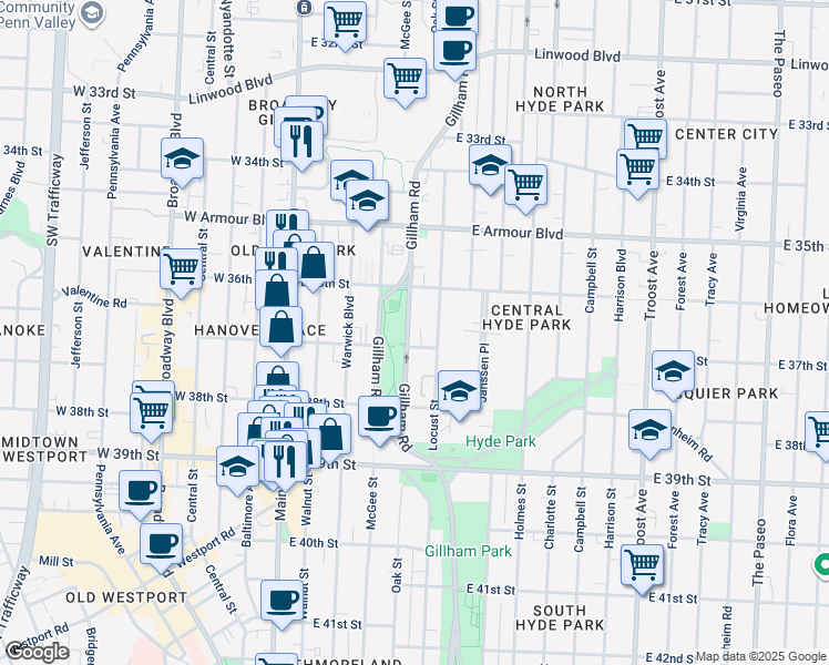 map of restaurants, bars, coffee shops, grocery stores, and more near 3627 Gillham Road in Kansas City