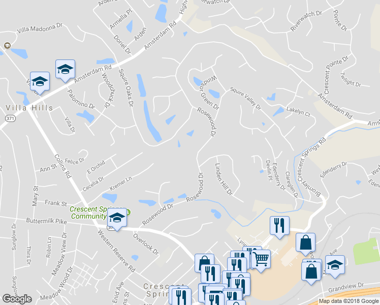 map of restaurants, bars, coffee shops, grocery stores, and more near 841 Rosewood Drive in Villa Hills