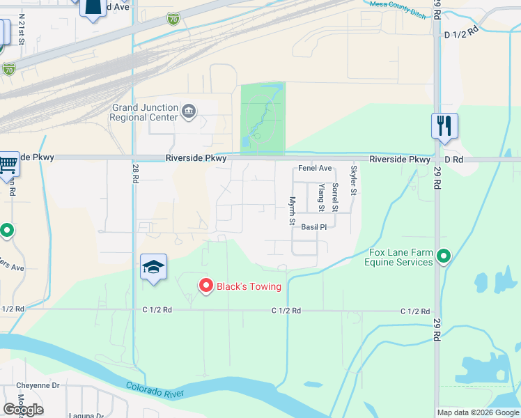 map of restaurants, bars, coffee shops, grocery stores, and more near 2843 South Forest Court in Grand Junction