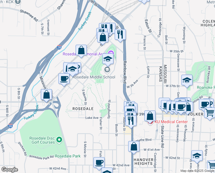 map of restaurants, bars, coffee shops, grocery stores, and more near 3716 Springfield Street in Kansas City
