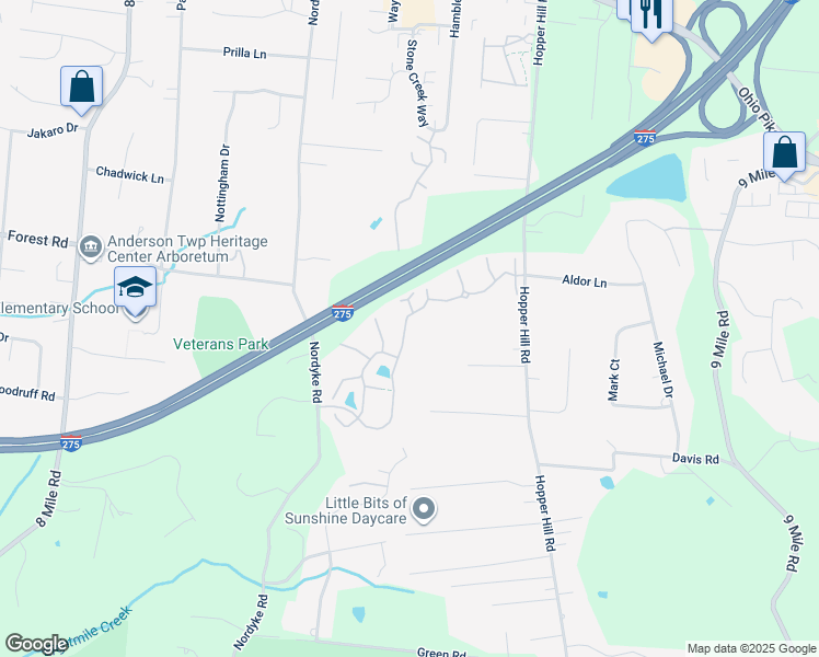 map of restaurants, bars, coffee shops, grocery stores, and more near 3896 Vineyard Green Drive in Cincinnati