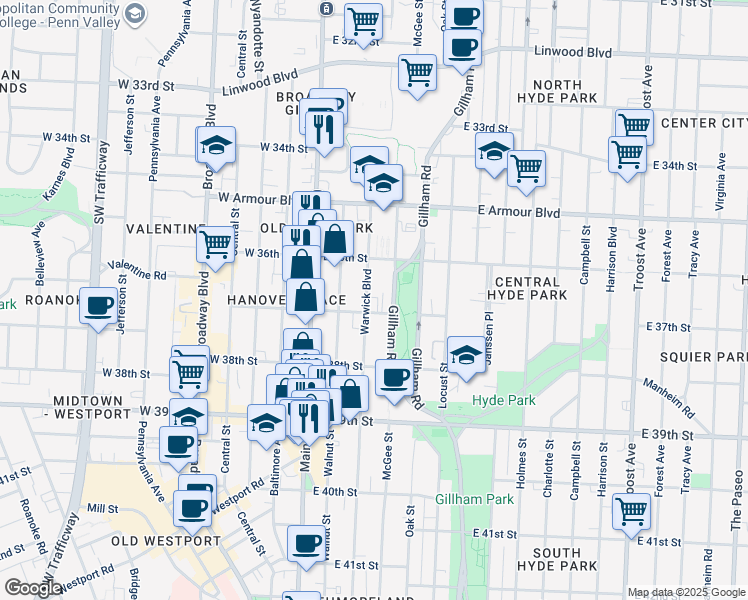 map of restaurants, bars, coffee shops, grocery stores, and more near 3700 Gillham Road in Kansas City