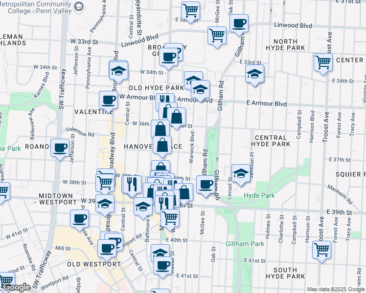 map of restaurants, bars, coffee shops, grocery stores, and more near 3702 East 37th Street in Kansas City