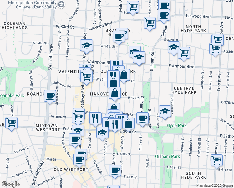 map of restaurants, bars, coffee shops, grocery stores, and more near 3701 Main Street in Kansas City