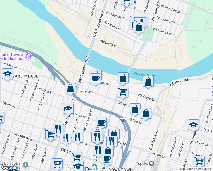 map of restaurants, bars, coffee shops, grocery stores, and more near 117 Northwest Jackson Street in Topeka