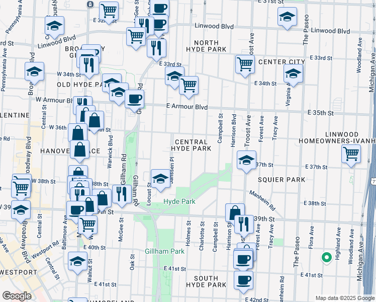 map of restaurants, bars, coffee shops, grocery stores, and more near 3634A Holmes Street in Kansas City