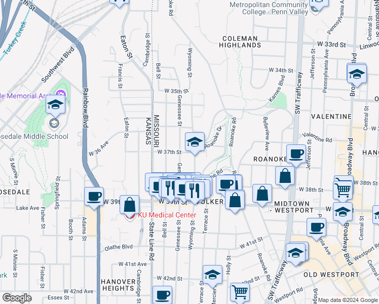 map of restaurants, bars, coffee shops, grocery stores, and more near 1610 West 37th Street in Kansas City