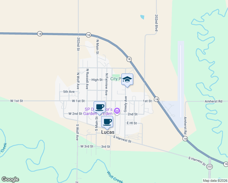 map of restaurants, bars, coffee shops, grocery stores, and more near 222 1st Street in Lucas
