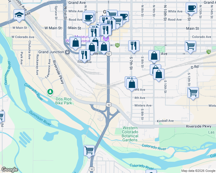 map of restaurants, bars, coffee shops, grocery stores, and more near 785 South 5th Street in Grand Junction