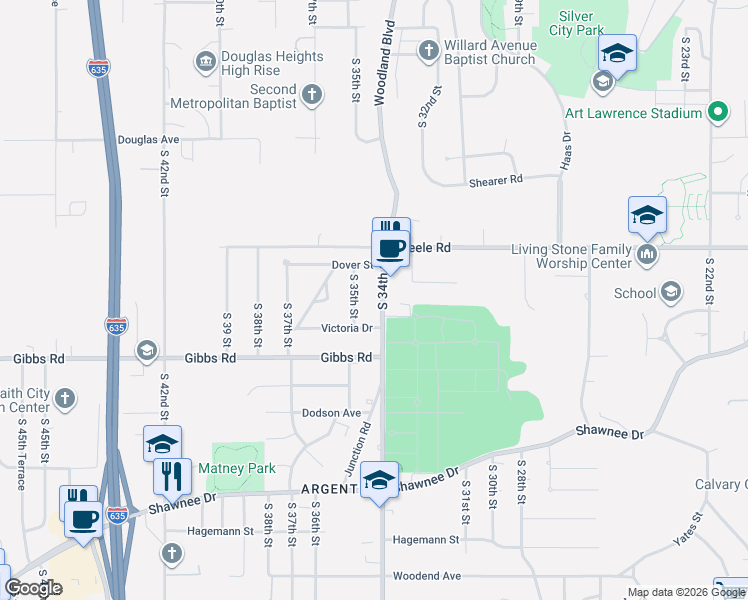 map of restaurants, bars, coffee shops, grocery stores, and more near 3400 Victoria Drive in Kansas City
