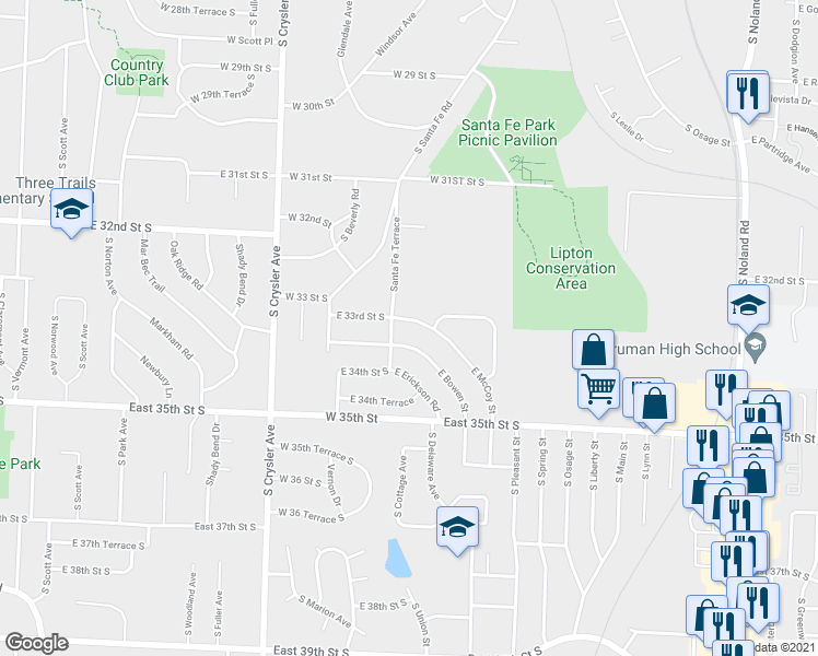 map of restaurants, bars, coffee shops, grocery stores, and more near 12603 East Bowen Street in Independence