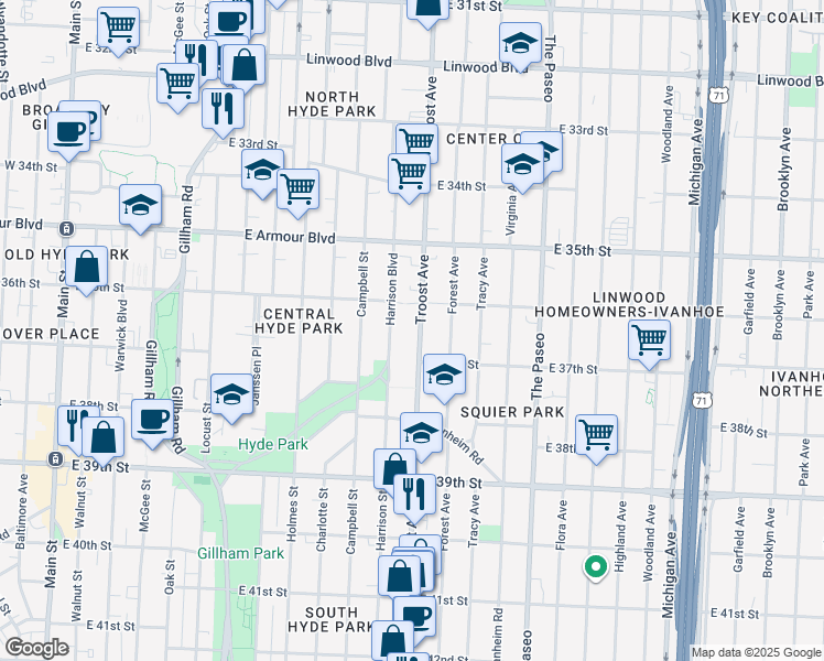 map of restaurants, bars, coffee shops, grocery stores, and more near 3636 Troost Avenue in Kansas City