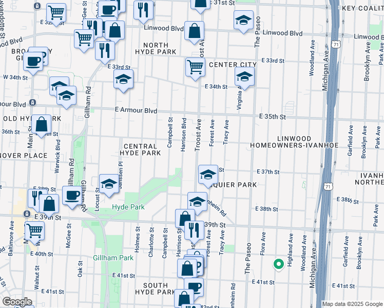 map of restaurants, bars, coffee shops, grocery stores, and more near 3636 Troost Avenue in Kansas City