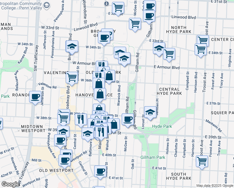 map of restaurants, bars, coffee shops, grocery stores, and more near 3702 East 37th Street in Kansas City