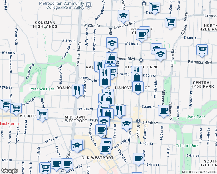 map of restaurants, bars, coffee shops, grocery stores, and more near 3701 Broadway Boulevard in Kansas City