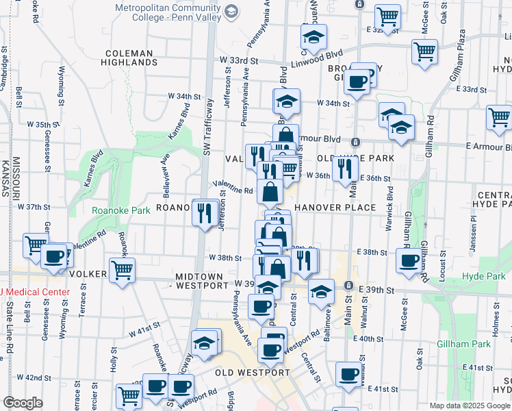 map of restaurants, bars, coffee shops, grocery stores, and more near 3736 Broadway Boulevard in Kansas City