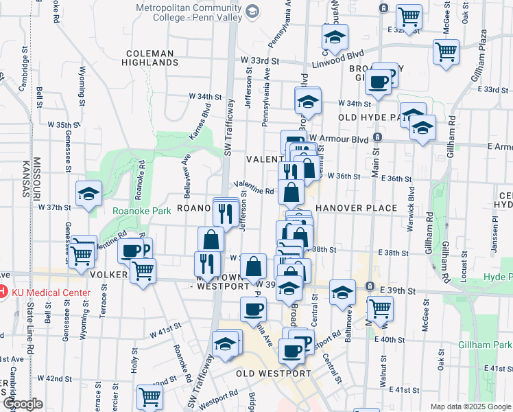 map of restaurants, bars, coffee shops, grocery stores, and more near 3632 Pennsylvania Avenue in Kansas City